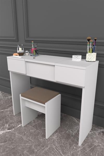 DF02101B Çekmeceli Aynalı Tabureli Puflu Makyaj Masası