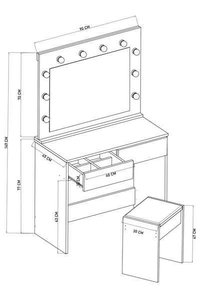 DF02103AC Hollywood Işıklı Aynalı Çekmeceli Makyaj Masası