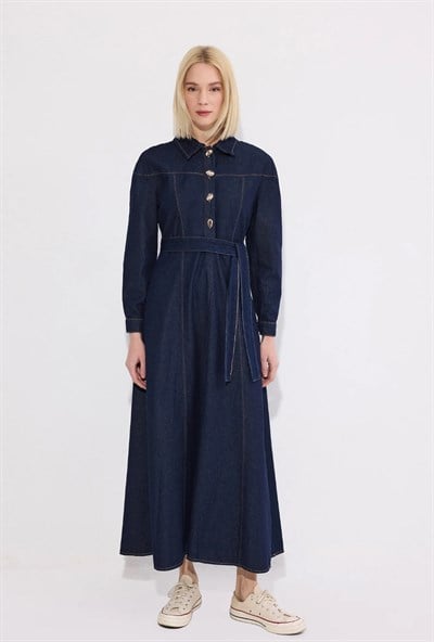 Gold Düğmeli Denim Elbise - Lacivert
