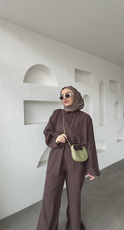 Taşlı Gömlek Pantolon Modal Takım - Acı Kahve