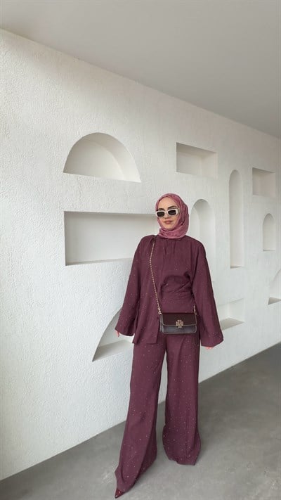 Taşlı Gömlek Pantolon Modal Takım - Bordo