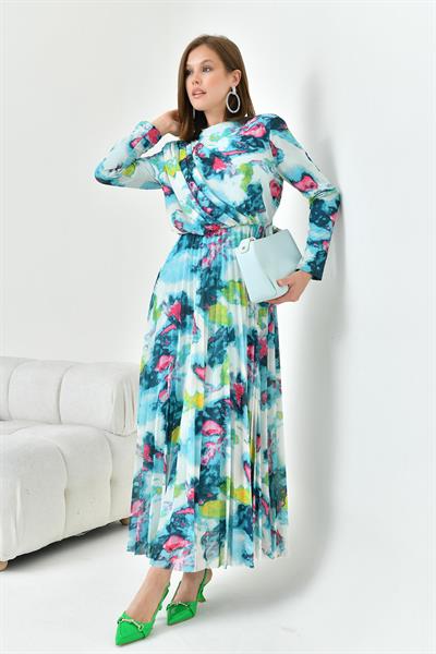 FTZ30842 Arka Yaka 3 Düğmeli Pliseli Elbise Mint Yeşili