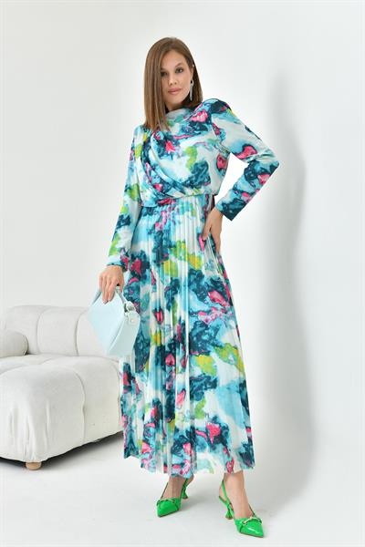 FTZ30842 Arka Yaka 3 Düğmeli Pliseli Elbise Mint Yeşili