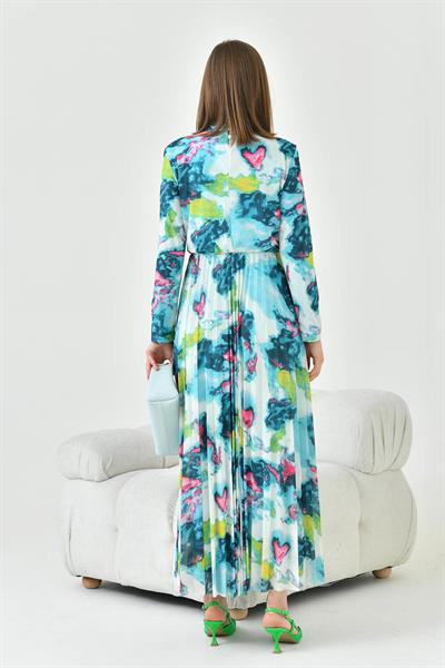 FTZ30842 Arka Yaka 3 Düğmeli Pliseli Elbise Mint Yeşili