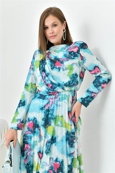 FTZ30842 Arka Yaka 3 Düğmeli Pliseli Elbise Mint Yeşili