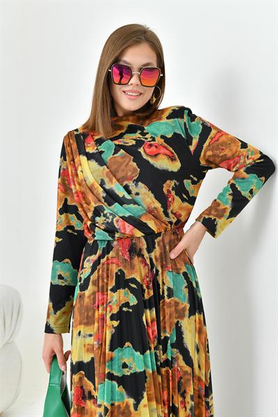 FTZ30842 Arka Yaka 3 Düğmeli Pliseli Elbise Sarı