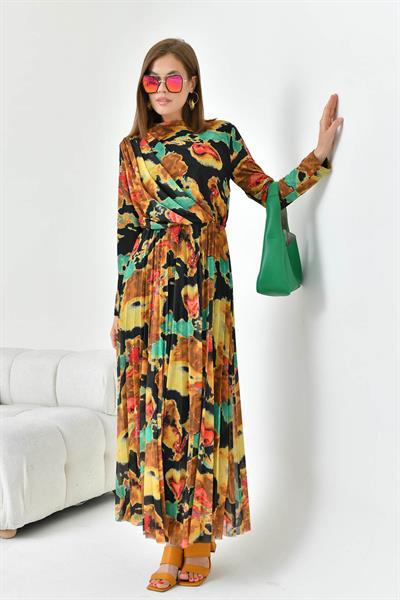 FTZ30842 Arka Yaka 3 Düğmeli Pliseli Elbise Sarı