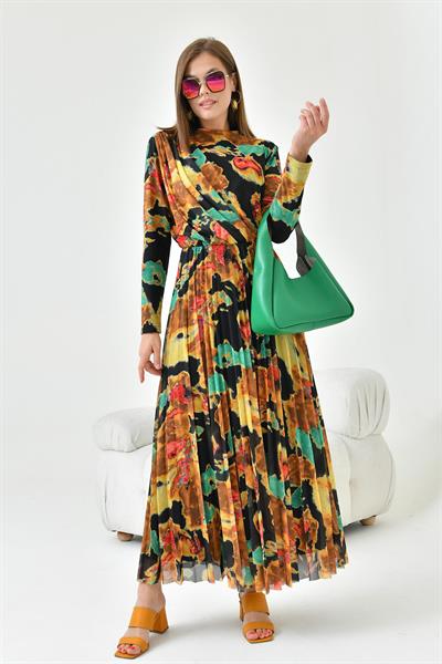 FTZ30842 Arka Yaka 3 Düğmeli Pliseli Elbise Sarı