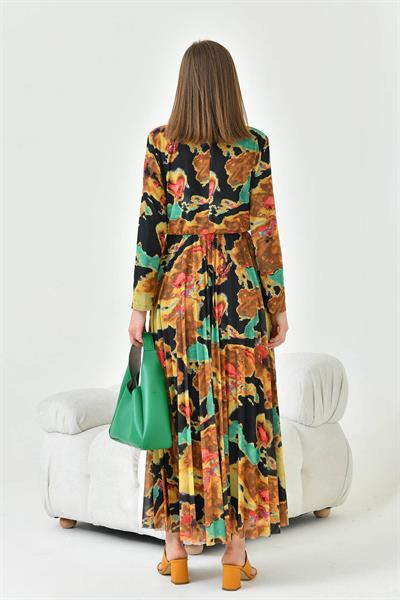 FTZ30842 Arka Yaka 3 Düğmeli Pliseli Elbise Sarı