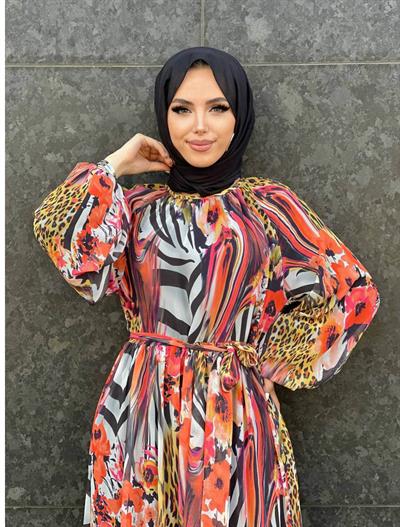 FTZ30499 Baskılı Şifon Elbise Mercan