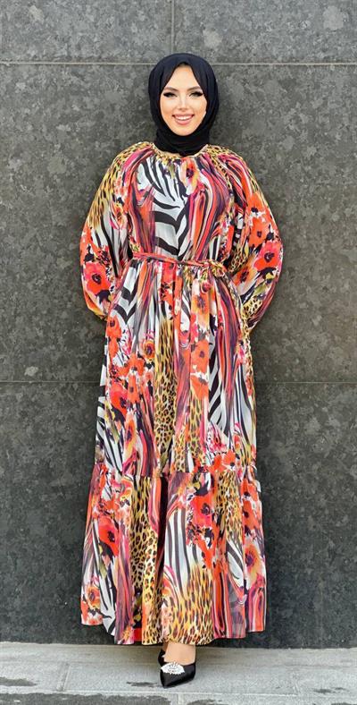 FTZ30499 Baskılı Şifon Elbise Mercan