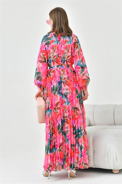 FTZ30871 Pliseli Şifon Elbise Fuşya