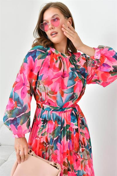 FTZ30871 Pliseli Şifon Elbise Fuşya