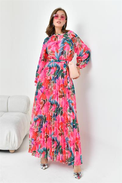 FTZ30871 Pliseli Şifon Elbise Fuşya