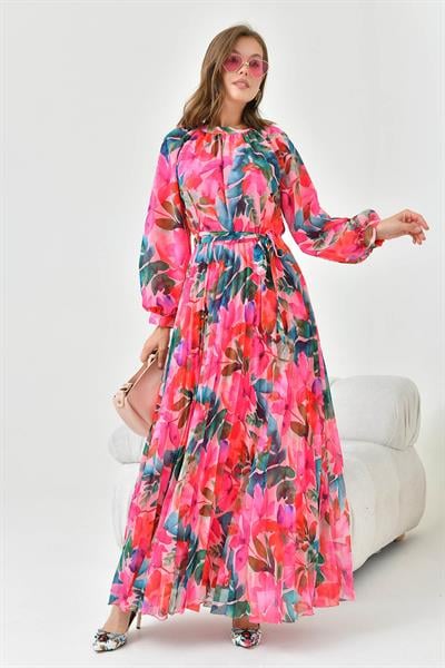 FTZ30871 Pliseli Şifon Elbise Fuşya