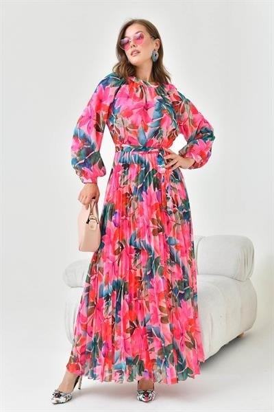 FTZ30871 Pliseli Şifon Elbise Fuşya