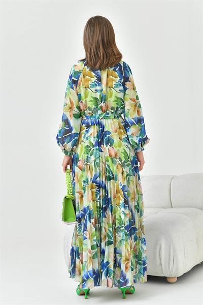 FTZ30871 Pliseli Şifon Elbise Sax