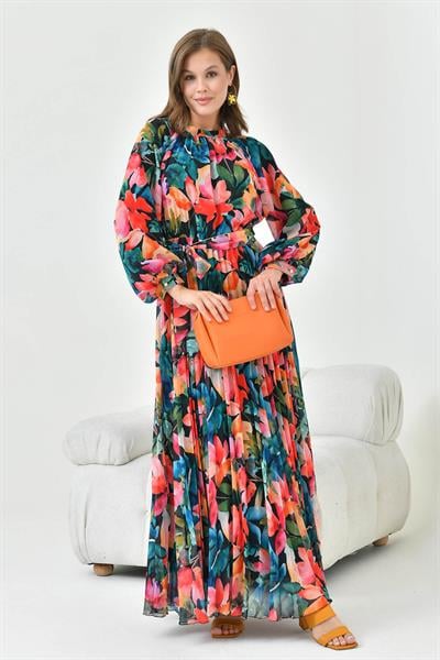 FTZ30871 Pliseli Şifon Elbise Siyah