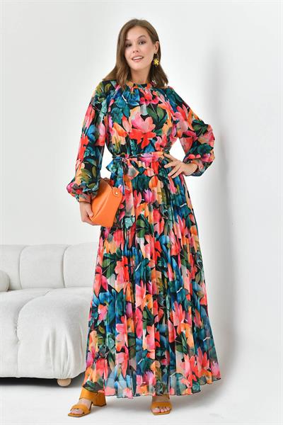 FTZ30871 Pliseli Şifon Elbise Siyah