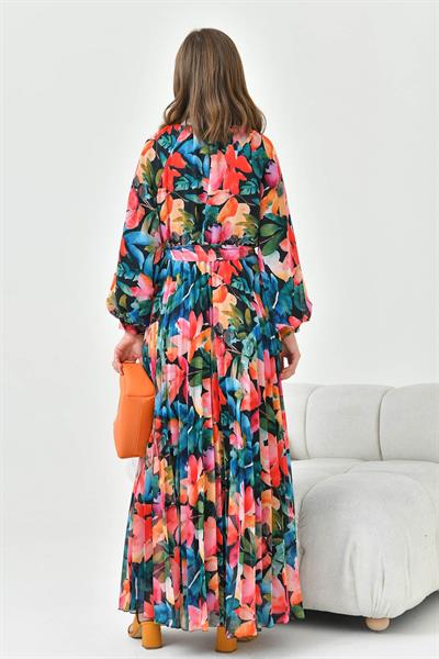 FTZ30871 Pliseli Şifon Elbise Siyah