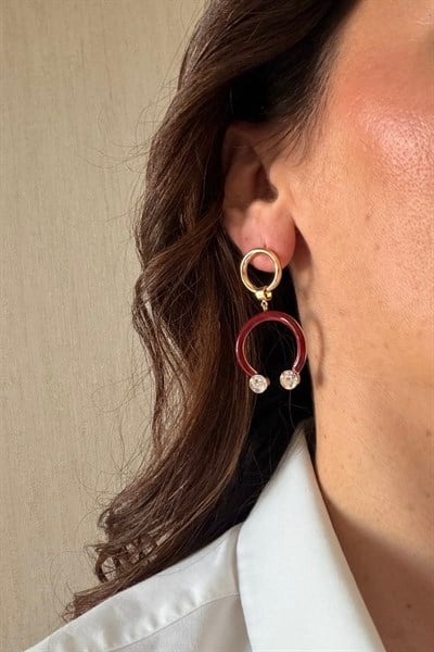 VİP Bordo Gold Taşlı Küpe