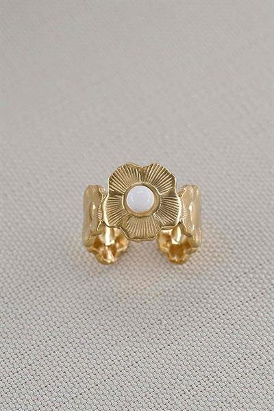 Çelik Gold Flower Beyaz Taşlı Yüzük