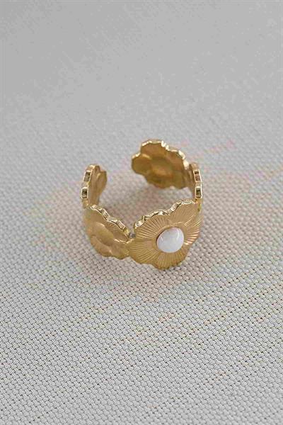 Çelik Gold Flower Beyaz Taşlı Yüzük