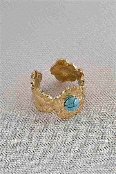 Çelik Gold Flower Firuze Yüzük
