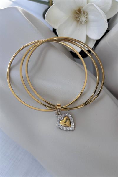 Çelik Gold Kalp Taşlı Bilezik