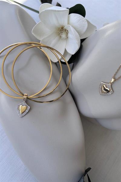 Çelik Gold Kalp Taşlı Bilezik