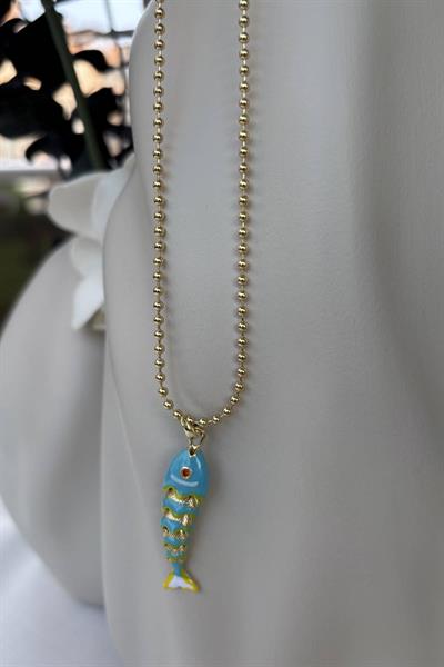 Çelik Gold Mavi Balık Kolye