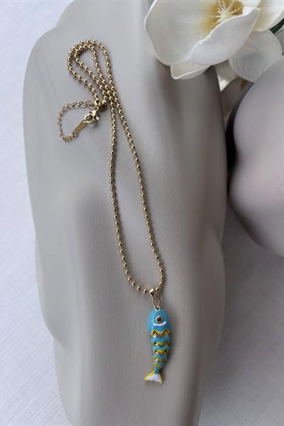 Çelik Gold Mavi Balık Kolye