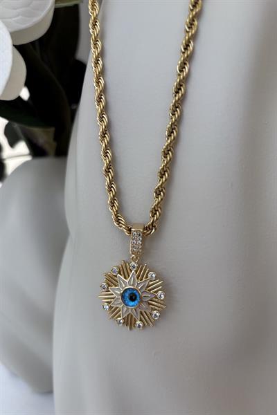 Çelik Gold Mavi Nazar Kolye