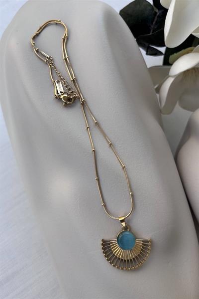 Çelik Gold Mavi Taşlı Yelpaze Kolye