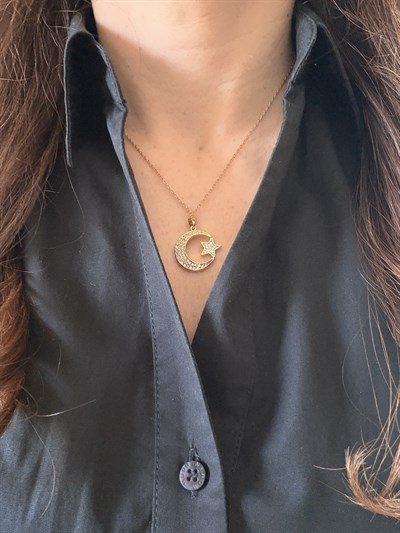 Çelik Gold Taşlı Ay Yıldız Kolye