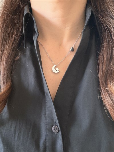 Çelik Gümüş Ay Yıldız Kolye
