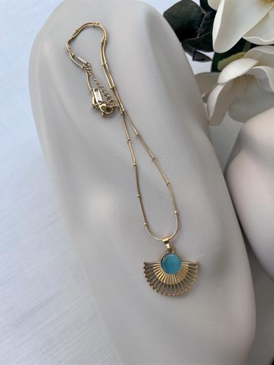 Çelik Gold Mavi Taşlı Yelpaze Kolye