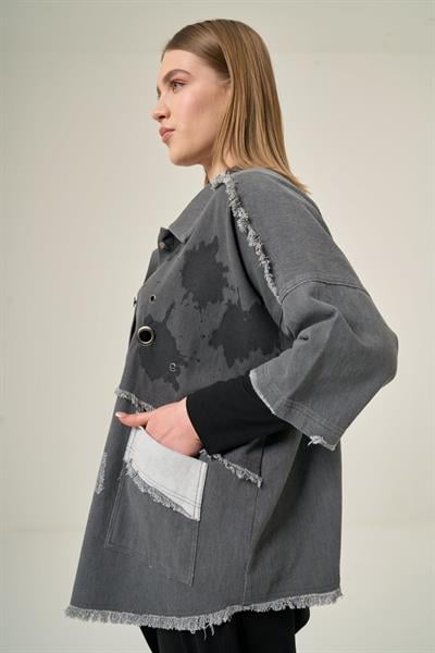 Zımba Detaylı Büyük Beden  Denim Gömlek