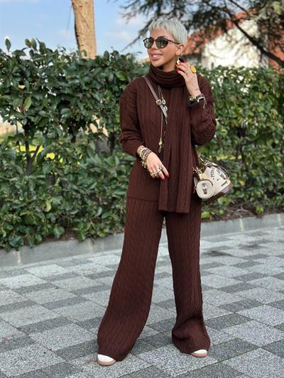 ACI KAHVE ATKILI SAÇ ÖRGÜ KAZAK PANTOLON TAKIM