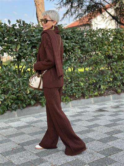 ACI KAHVE ATKILI SAÇ ÖRGÜ KAZAK PANTOLON TAKIM