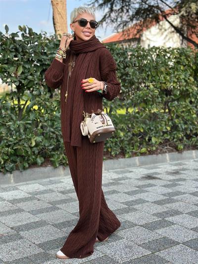 ACI KAHVE ATKILI SAÇ ÖRGÜ KAZAK PANTOLON TAKIM