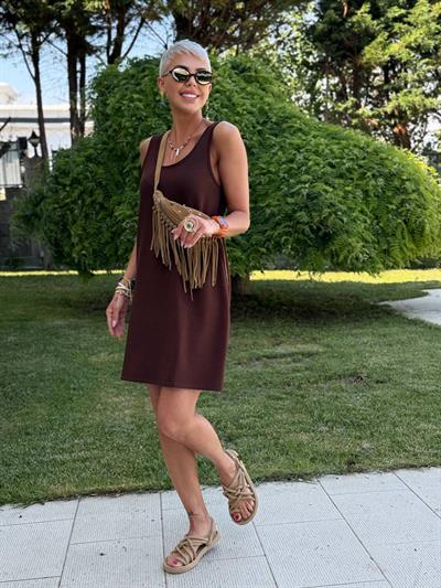 ACI KAHVE KOLSUZ MODAL ELBİSE