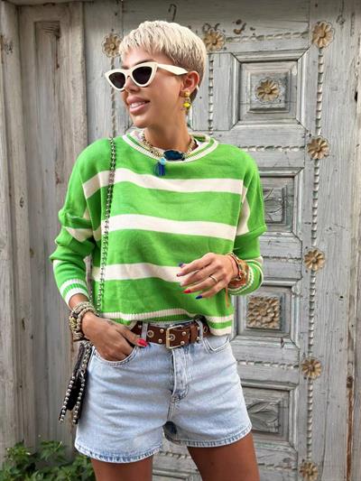 LIGHT GREEN STRIPED RELAXED CROPPED SWEATER