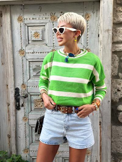 LIGHT GREEN STRIPED RELAXED CROPPED SWEATER