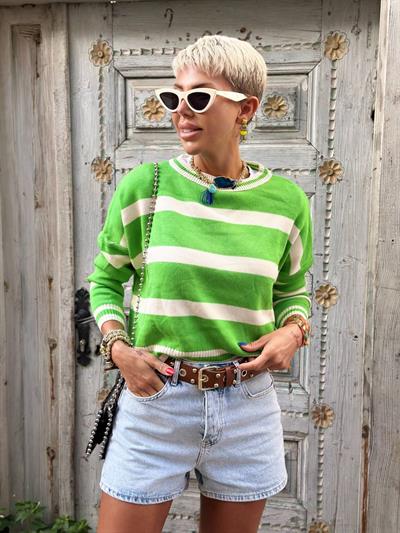 LIGHT GREEN STRIPED RELAXED CROPPED SWEATER