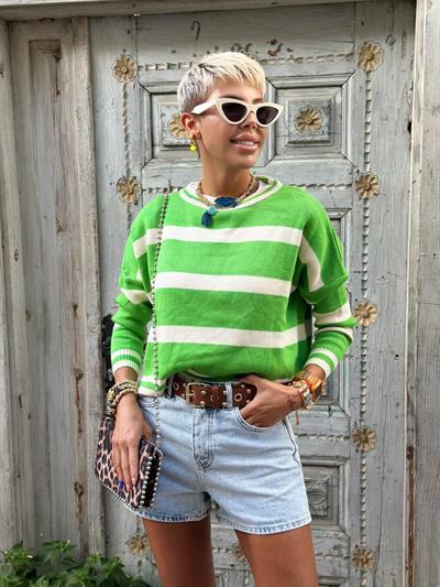 LIGHT GREEN STRIPED RELAXED CROPPED SWEATER