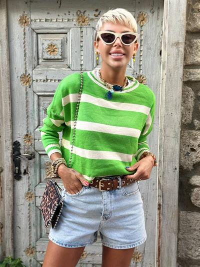LIGHT GREEN STRIPED RELAXED CROPPED SWEATER