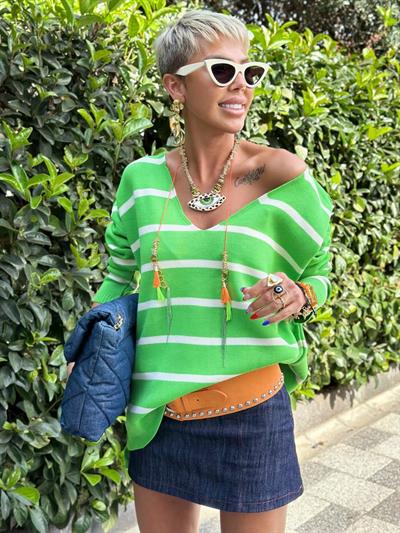 LIGHT GREEN AND CREAM STRIPED V-NECK RELAXED KNIT SWEATER