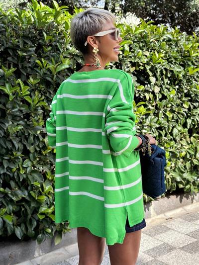 LIGHT GREEN AND CREAM STRIPED V-NECK RELAXED KNIT SWEATER