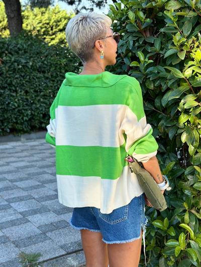 LIGHT GREEN POLO-COLLAR THICK-STRIPED KNIT SWEATER